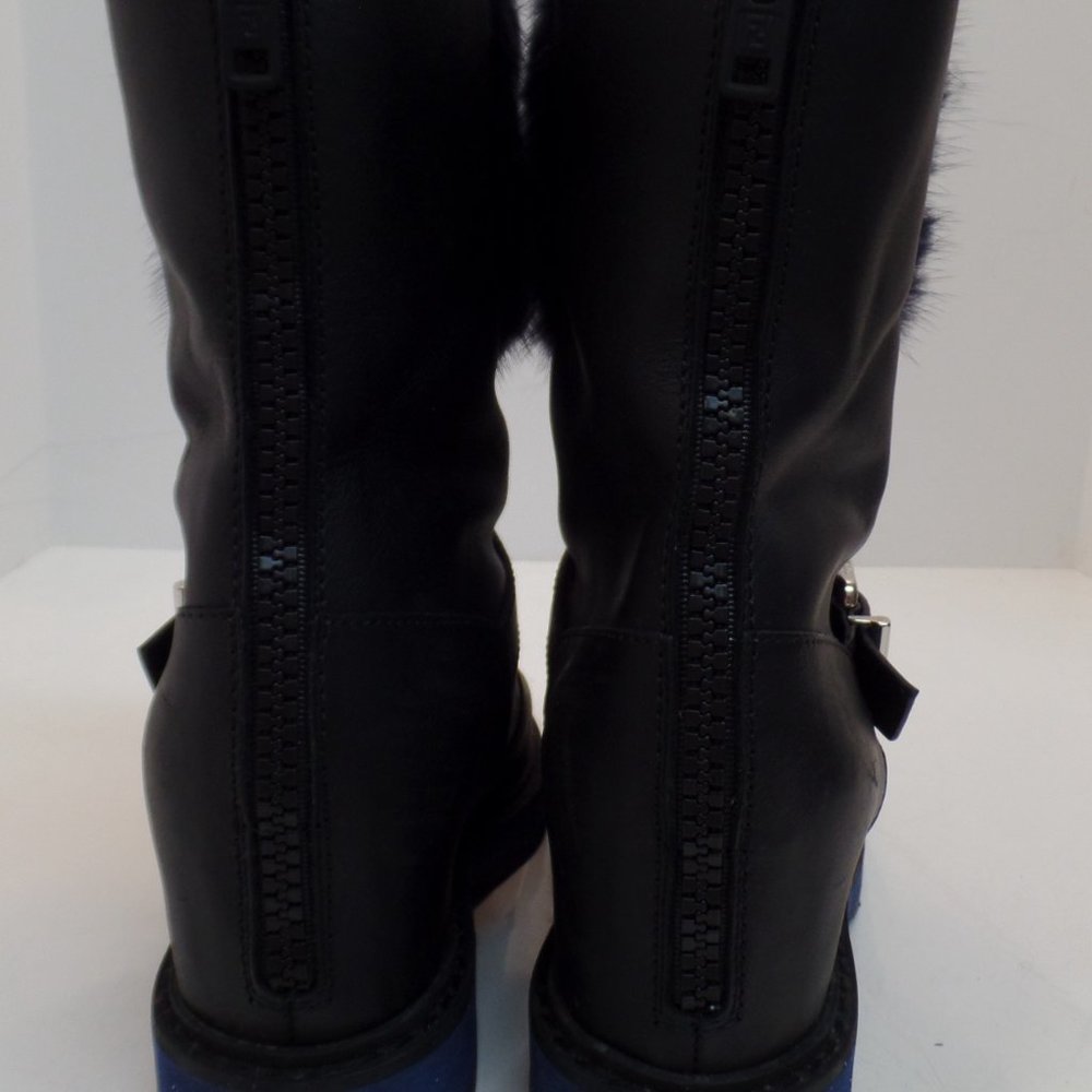 Fendi Caroline Fur Trimmed Buckle Accent Black Leather Boots Sz 39.5 or US Sz 9 - Picture 4 of 16